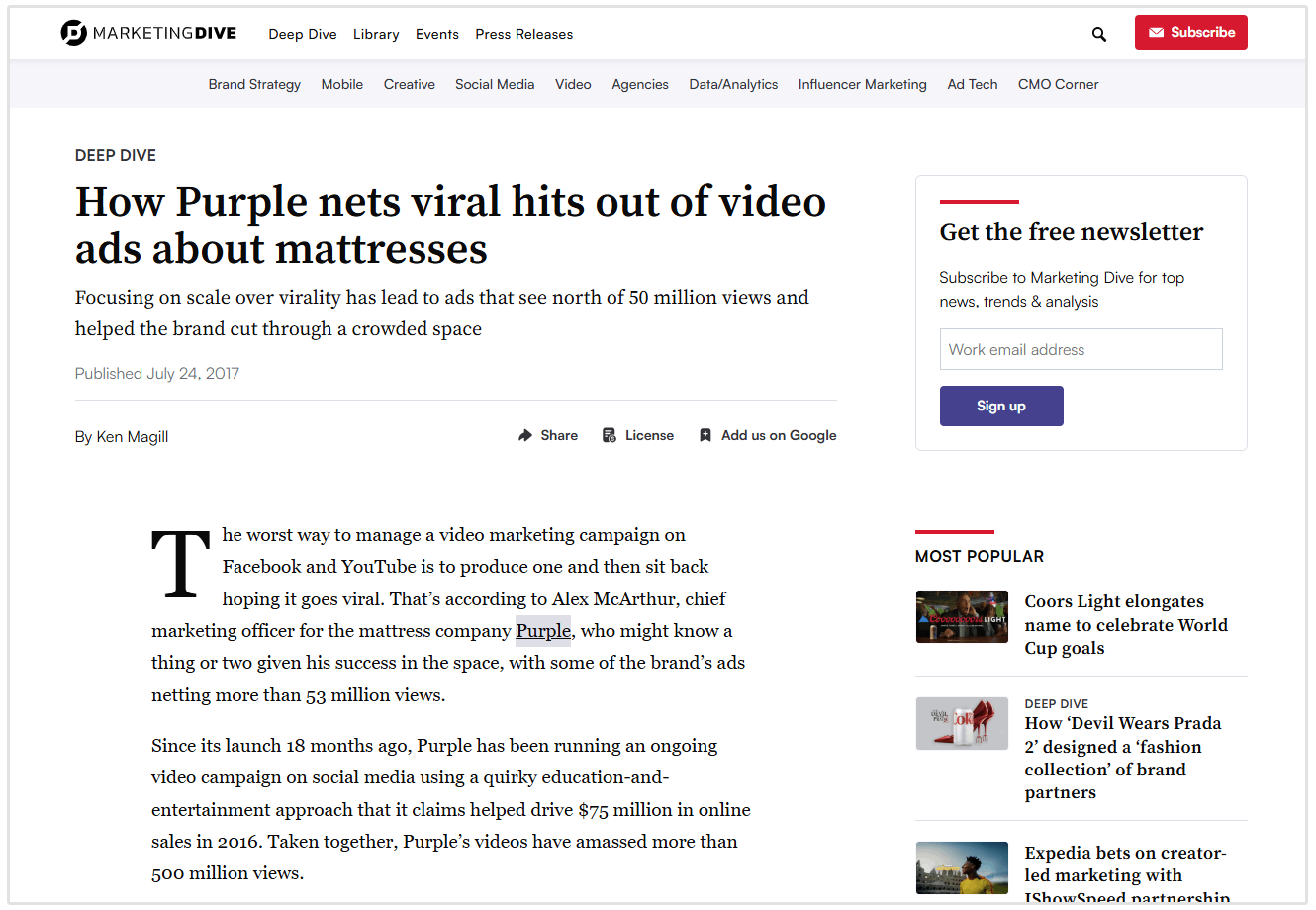 PR example of Purple mattresses